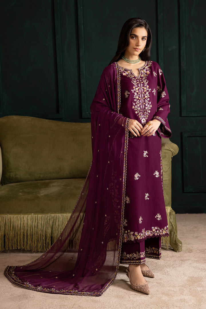 Prune 3Pc - Embroidered Khaddar Dress