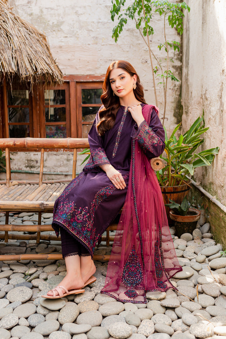 Corsetry 3Pc - Embroidered Karandi Dress - BATIK