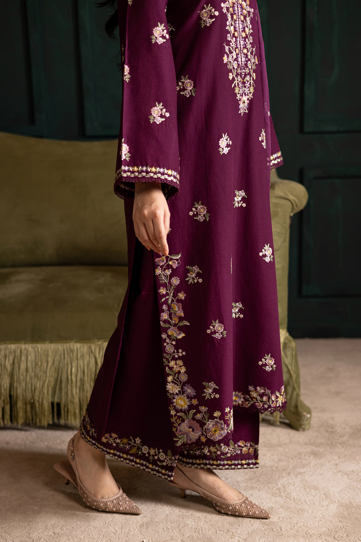 Prune 3Pc - Embroidered Khaddar Dress