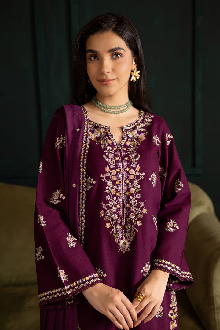 Prune 3Pc - Embroidered Khaddar Dress