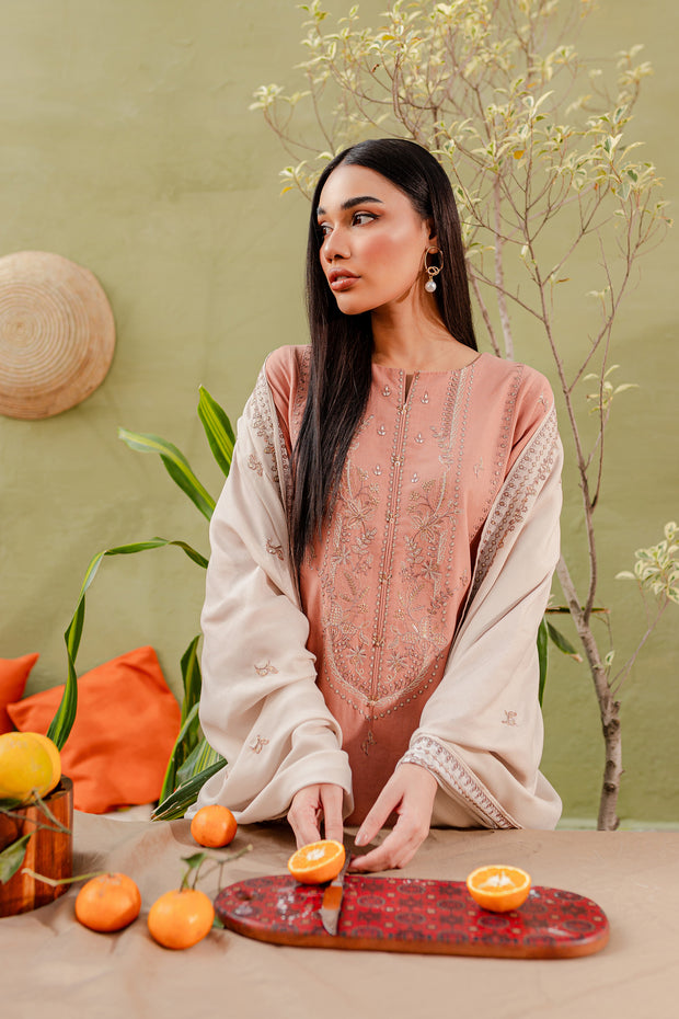 Peach Ice 3Pc - Embroidered Khaddar Dress - BATIK