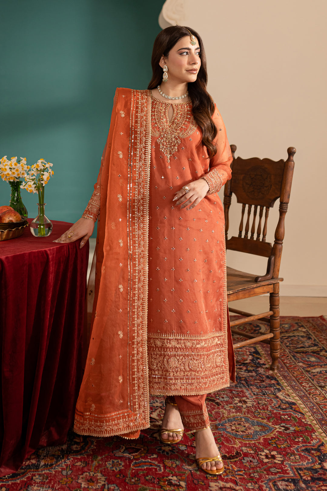 Rust Gold 3Pc - Embroidered Luxe Pret