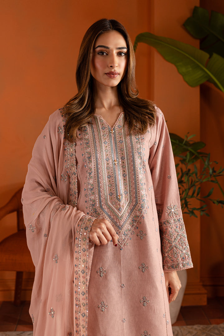 Pink Lotus 3Pc- Embroidered Karandi Dress - BATIK