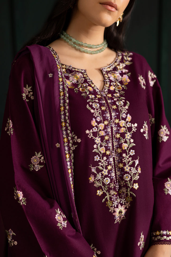 Prune 3Pc - Embroidered Khaddar Dress