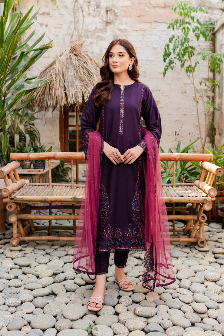 Corsetry 3Pc - Embroidered Karandi Dress - BATIK