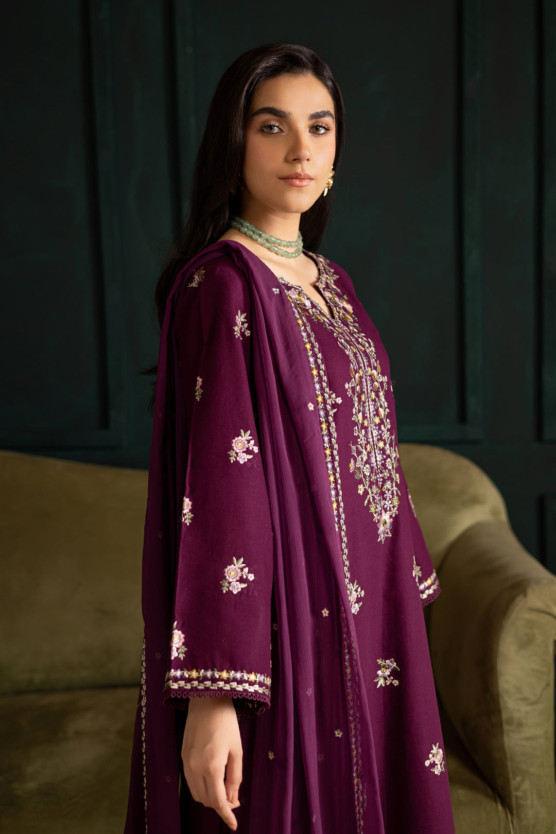 Prune 3Pc - Embroidered Khaddar Dress