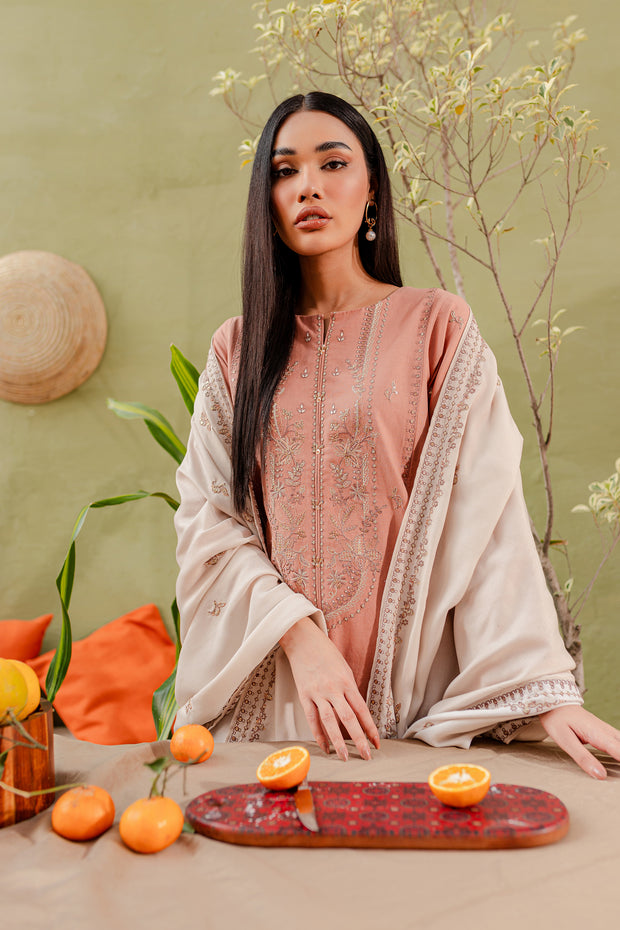 Peach Ice 3Pc - Embroidered Khaddar Dress - BATIK