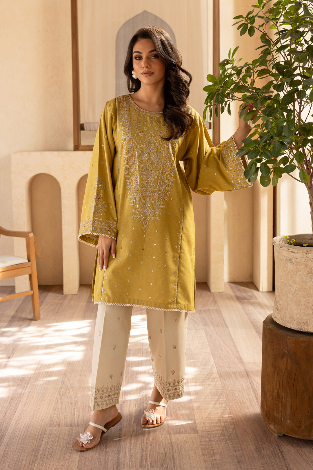 Rhea Lime 2Pc - Embroidered Karandi Dress - BATIK