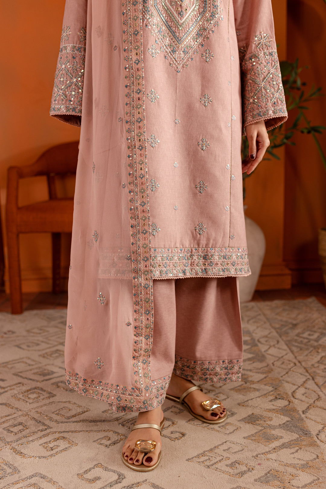 Pink Lotus 3Pc- Embroidered Karandi Dress - BATIK