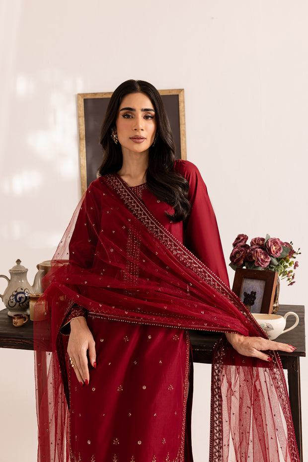 Deep Red 3Pc - Embroidered Lawn Dress