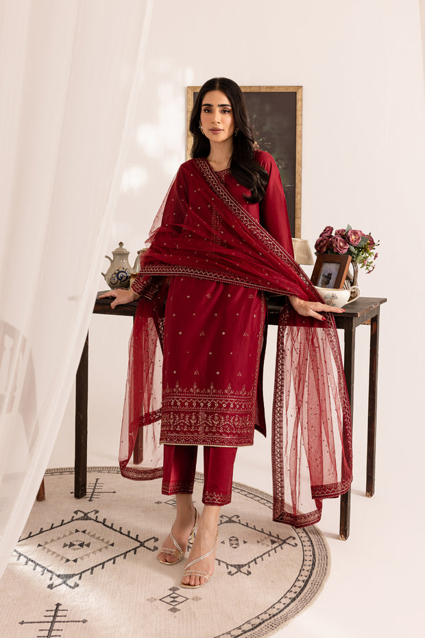 Deep Red 3Pc - Embroidered Lawn Dress