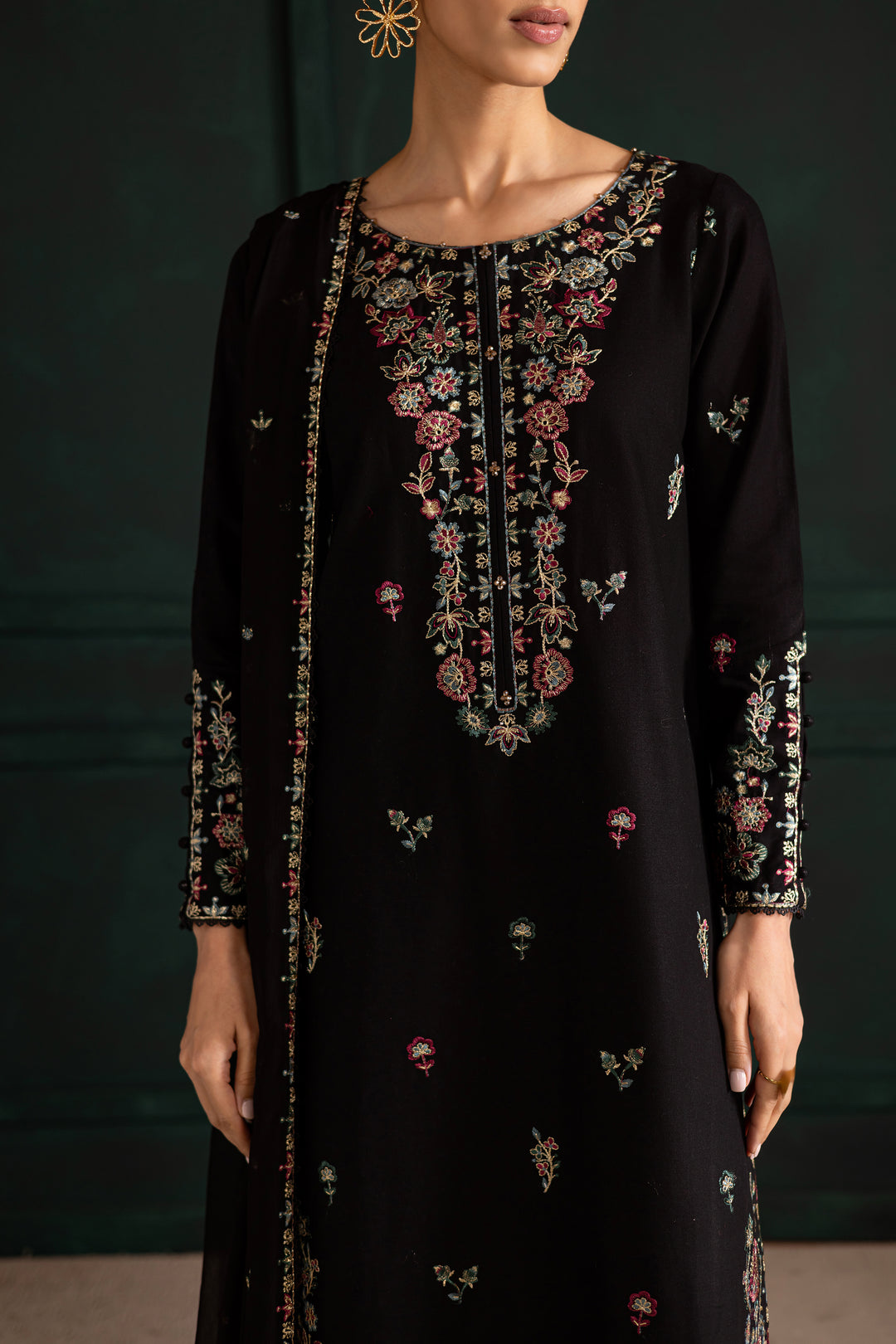 Night flower 3Pc - Embroidered Khaddar Dress