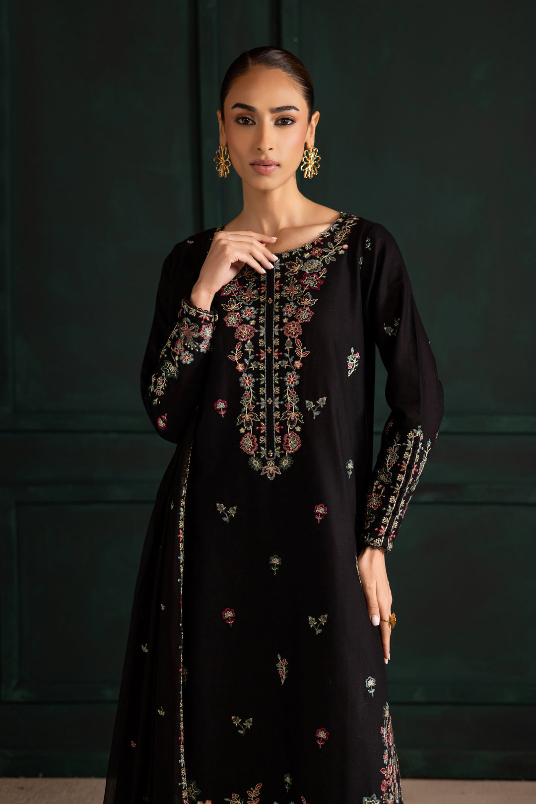 Night flower 3Pc - Embroidered Khaddar Dress