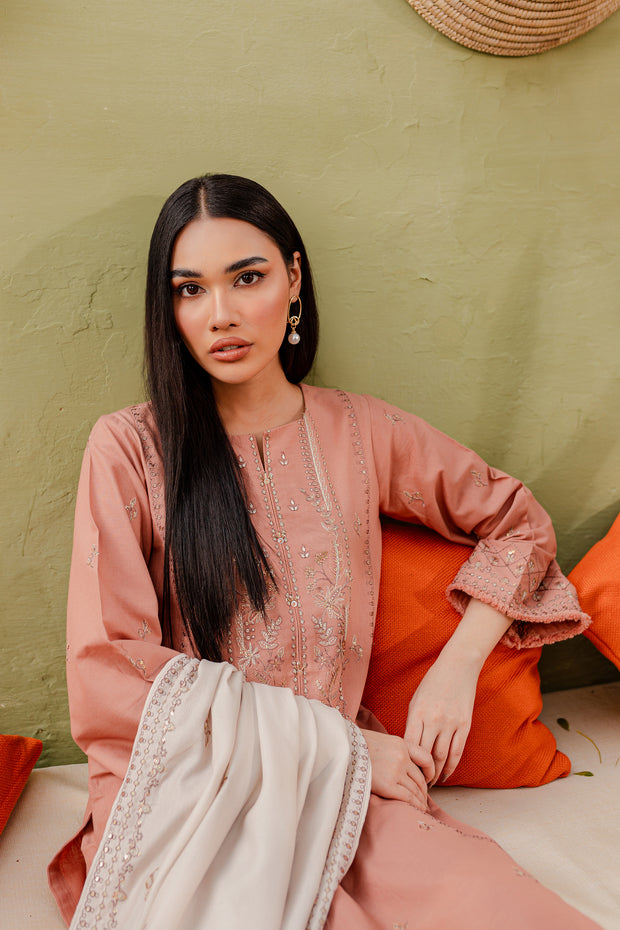 Peach Ice 3Pc - Embroidered Khaddar Dress - BATIK