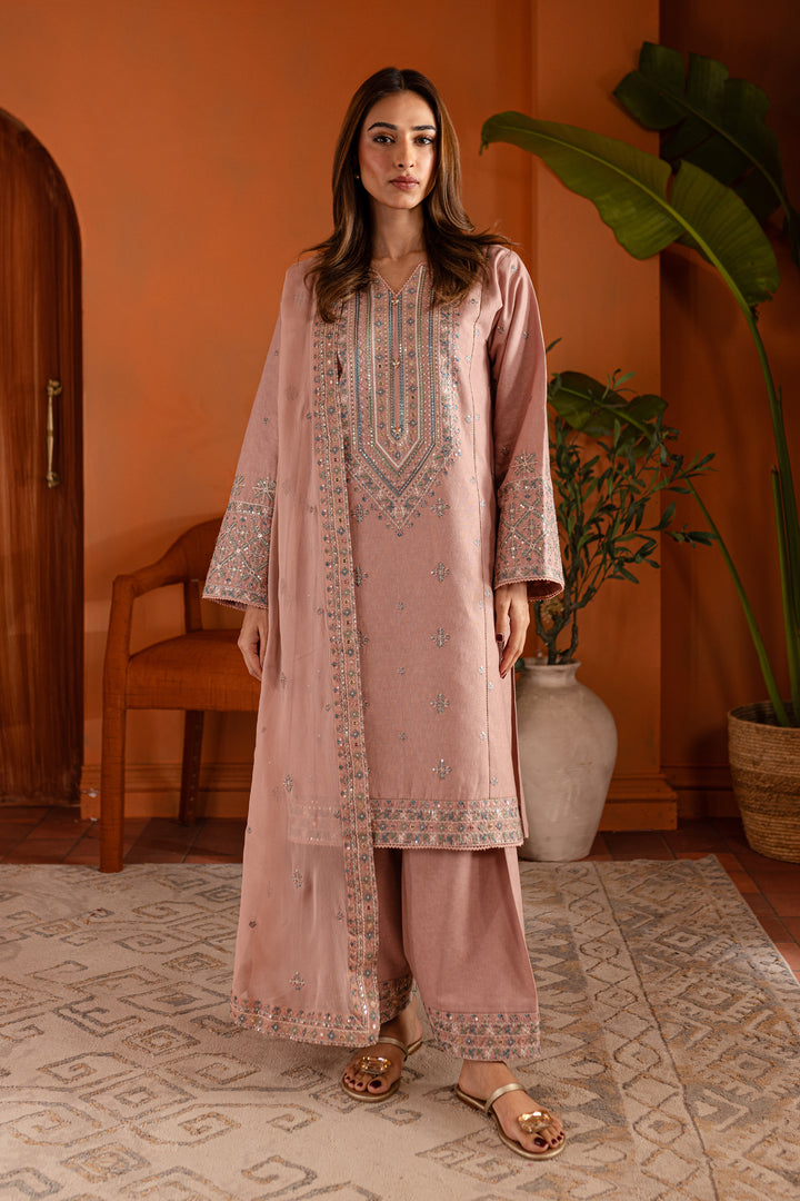 Pink Lotus 3Pc- Embroidered Karandi Dress - BATIK