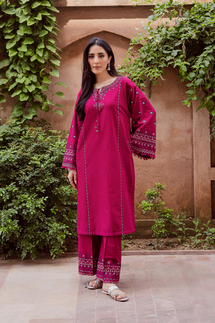 CrossWord Pink 2Pc - Embroidered Khaddar Dress