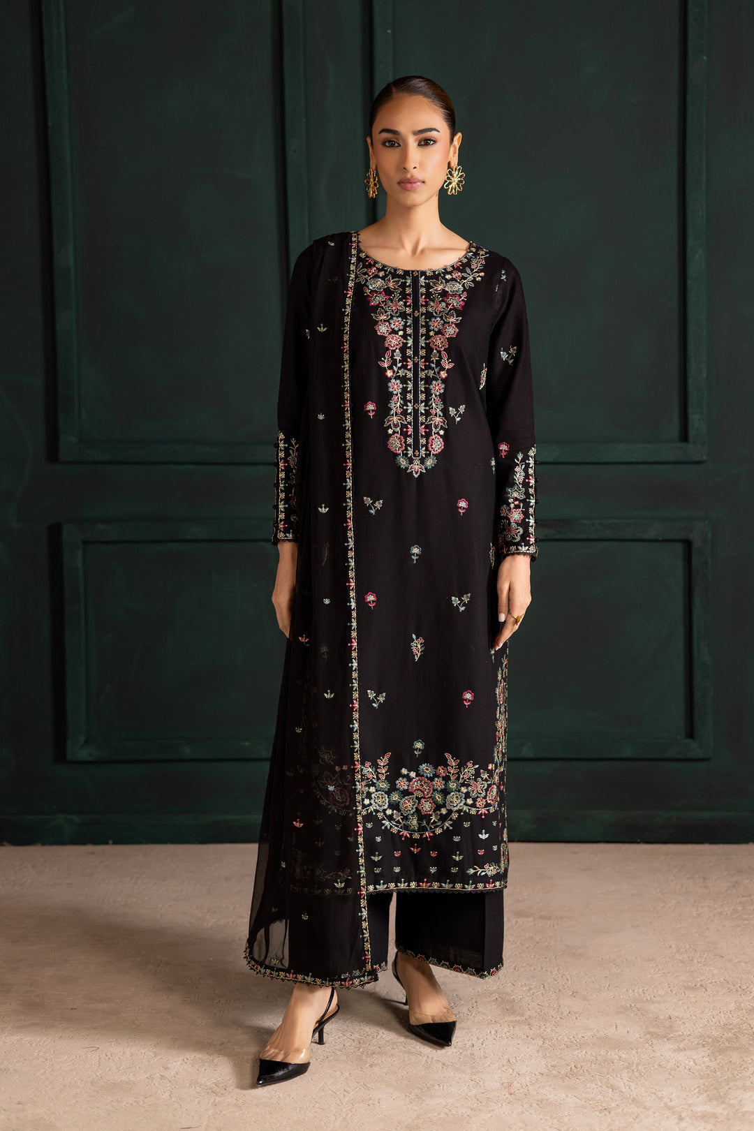 Night flower 3Pc - Embroidered Khaddar Dress