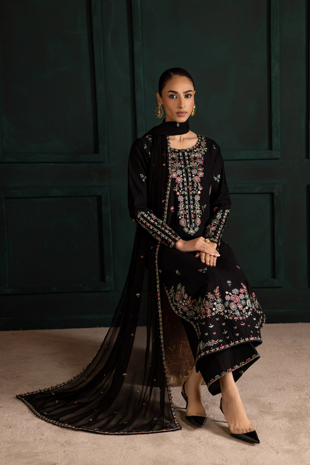 Night flower 3Pc - Embroidered Khaddar Dress