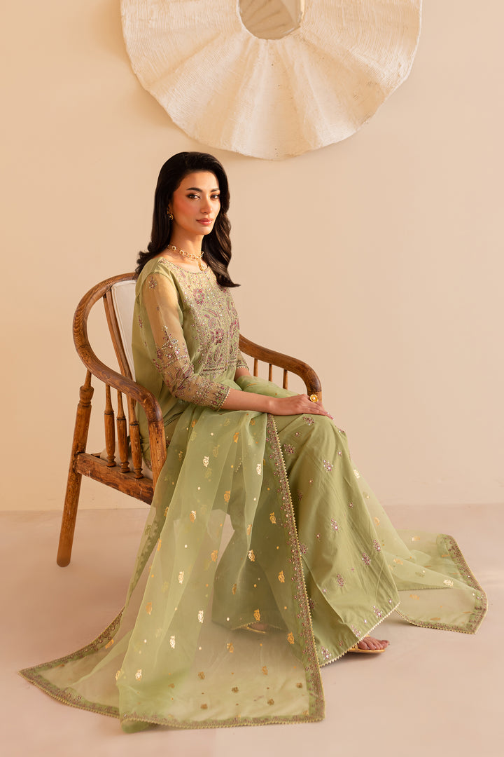 Green Cherry 3Pc - Embroidered Sharara Pret