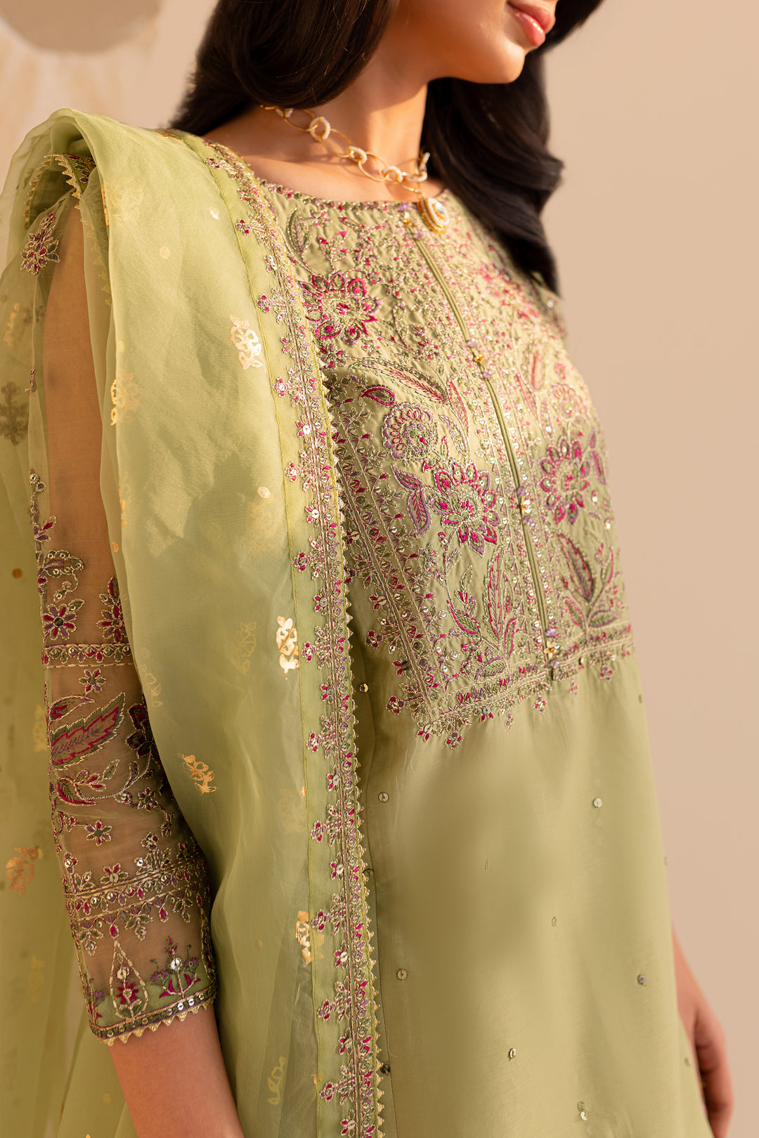 Green Cherry 3Pc - Embroidered Sharara Pret