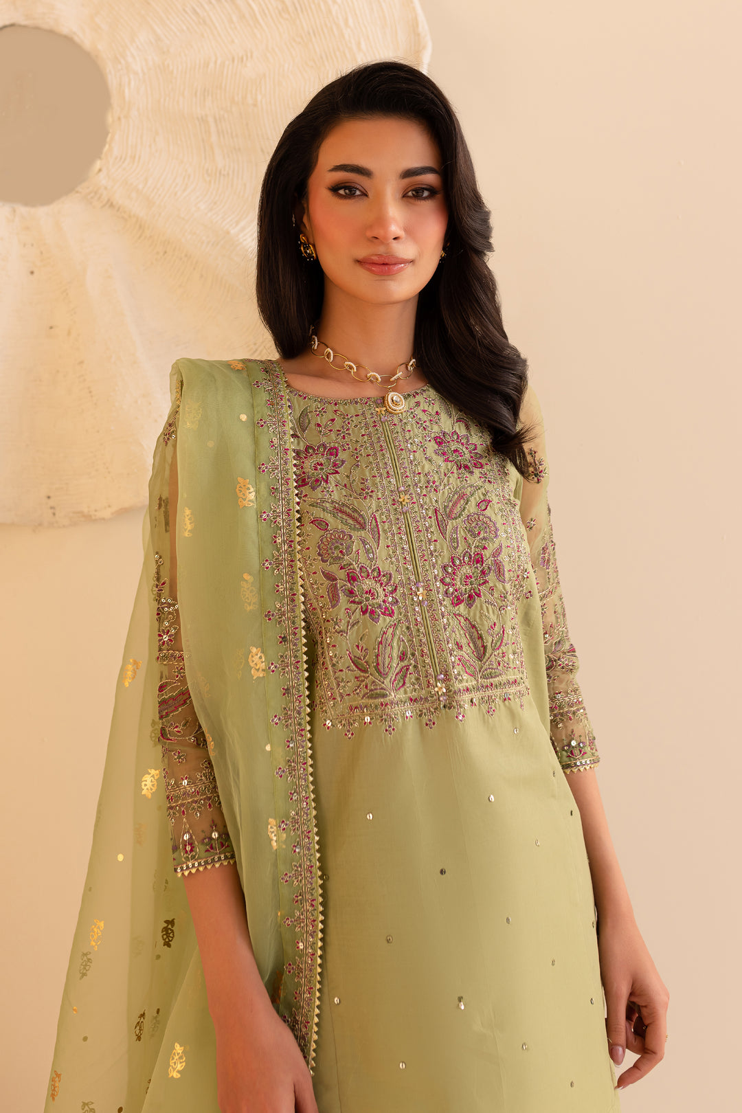 Green Cherry 3Pc - Embroidered Sharara Pret