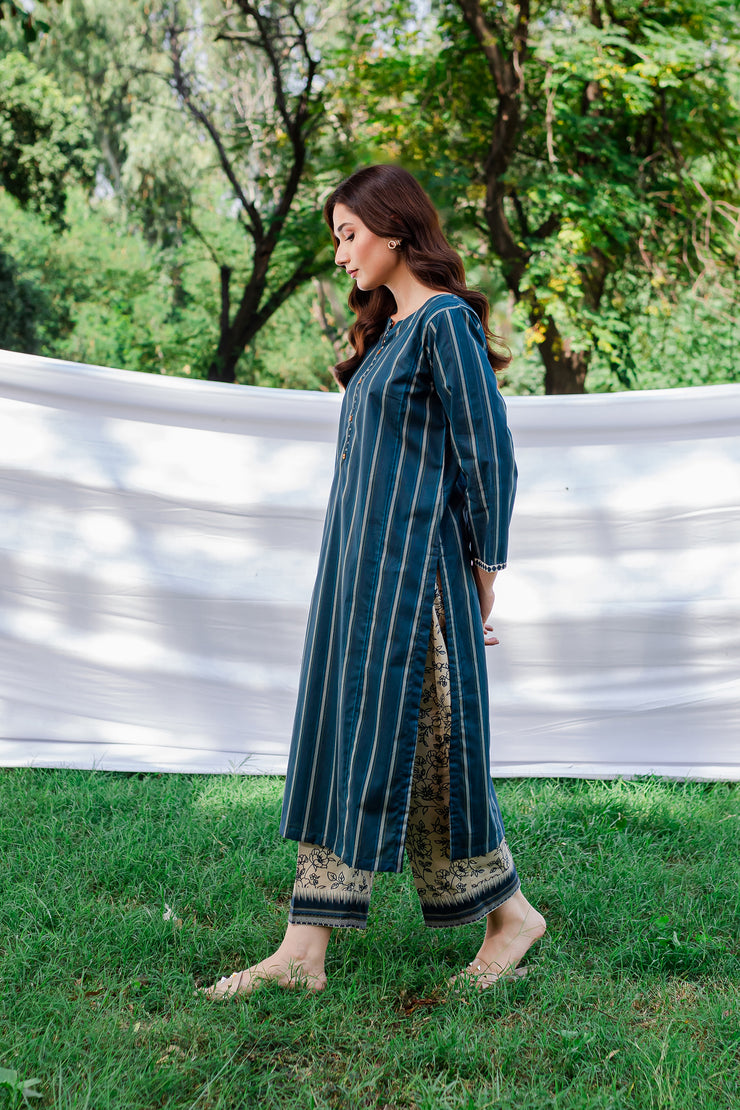 Blue Stripes 2Pc - Printed Cambric Dress - BATIK