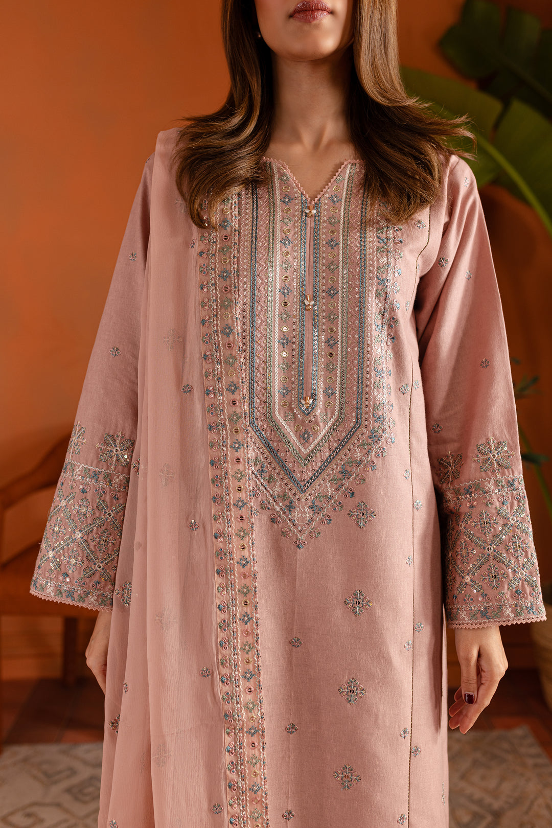 Pink Lotus 3Pc- Embroidered Karandi Dress - BATIK