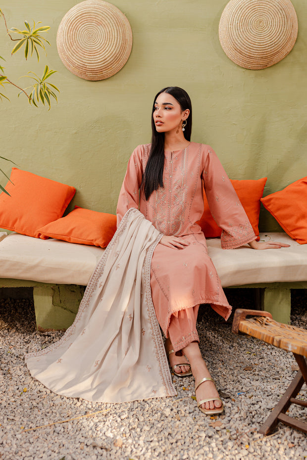 Peach Ice 3Pc - Embroidered Khaddar Dress - BATIK