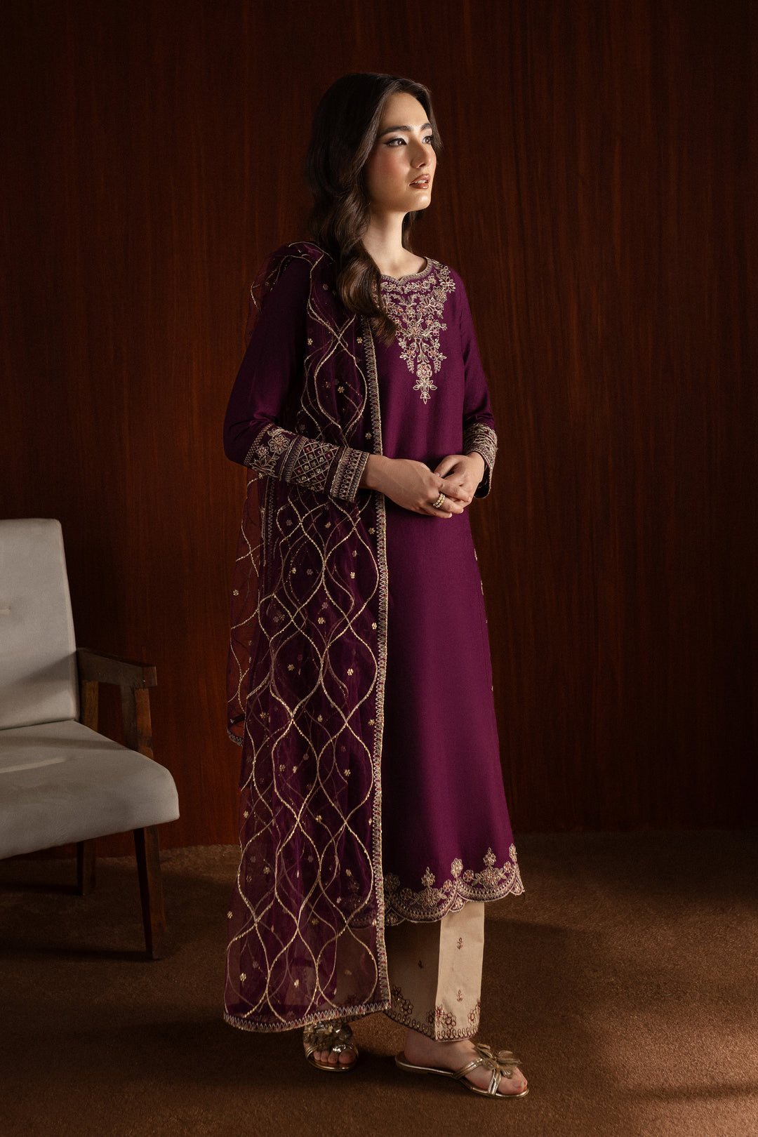 Rose Wine 3Pc - Embroidered Khaddar Dress - BATIK