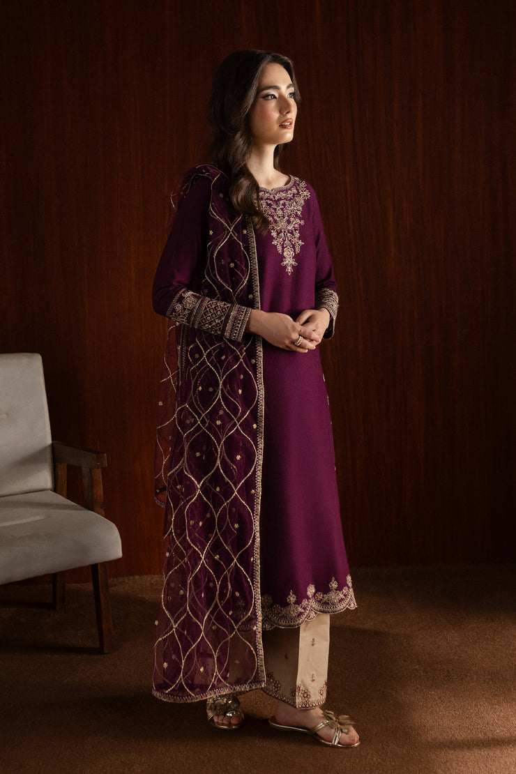 Rose Wine 3Pc - Embroidered Khaddar Dress