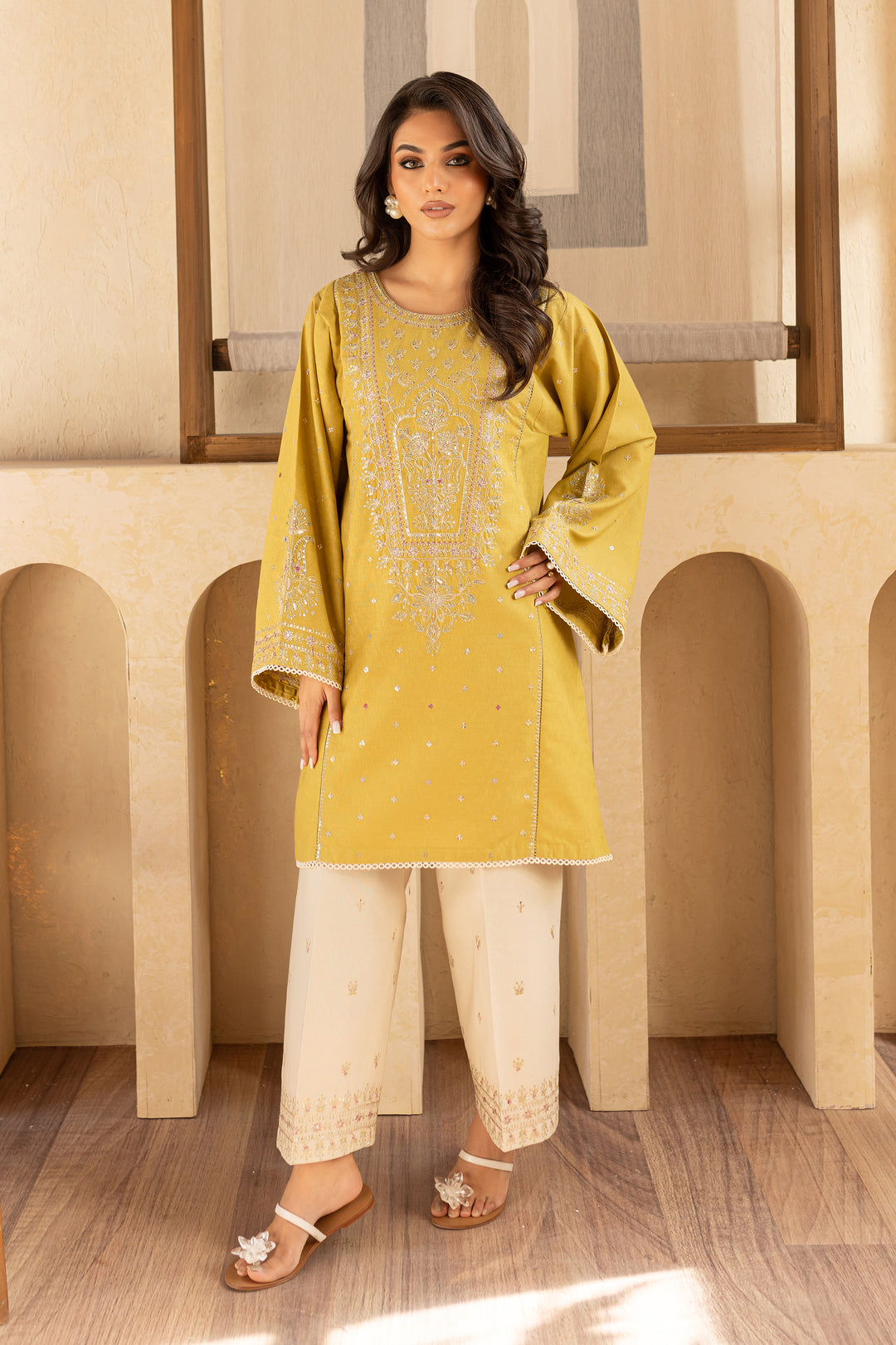 Rhea Lime 2Pc - Embroidered Karandi Dress - BATIK