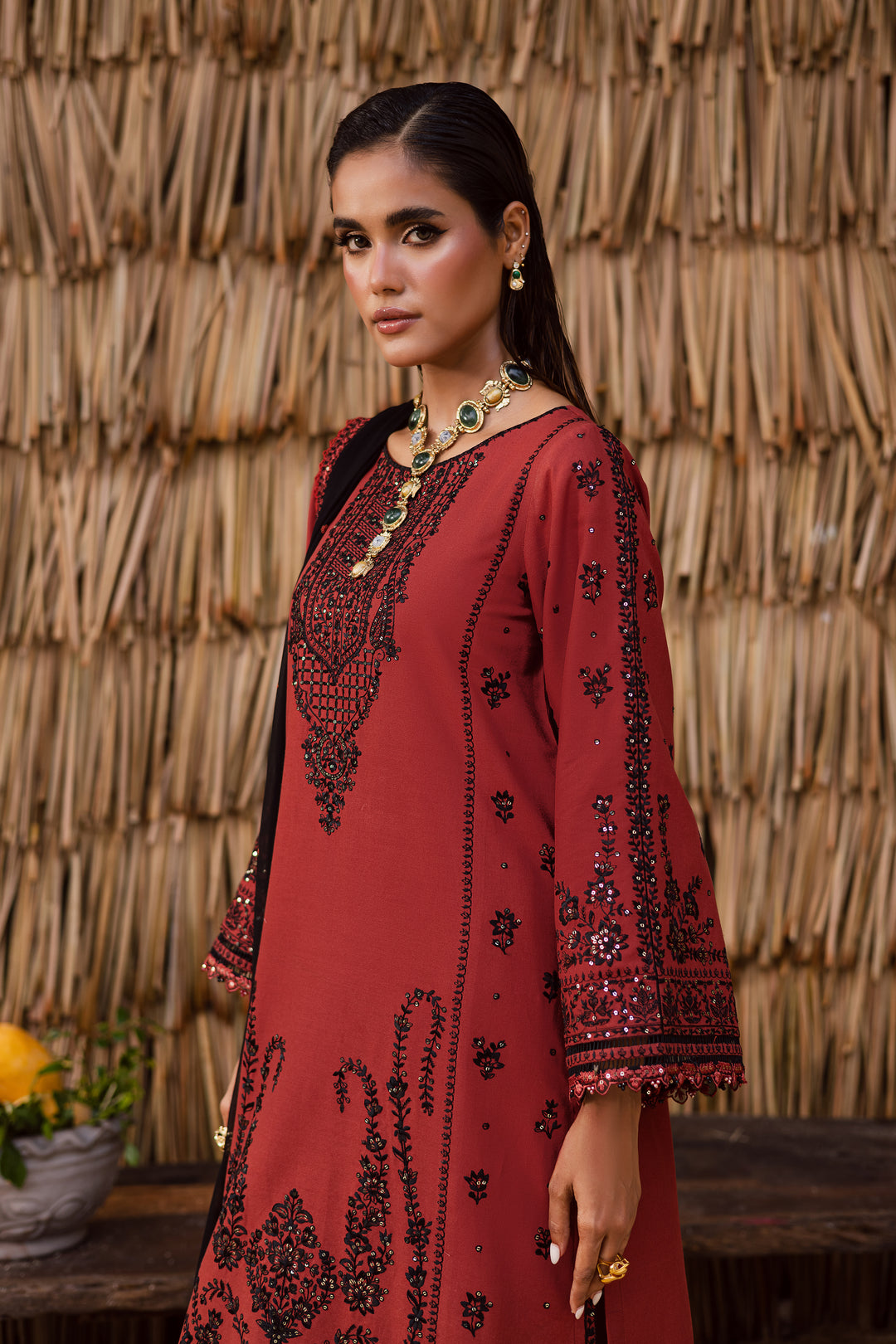 Terracotta 3Pc - Embroidered Khaddar Dress