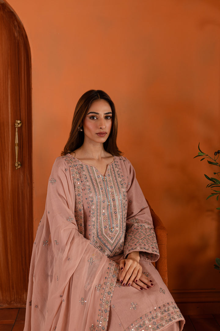 Pink Lotus 3Pc- Embroidered Karandi Dress - BATIK