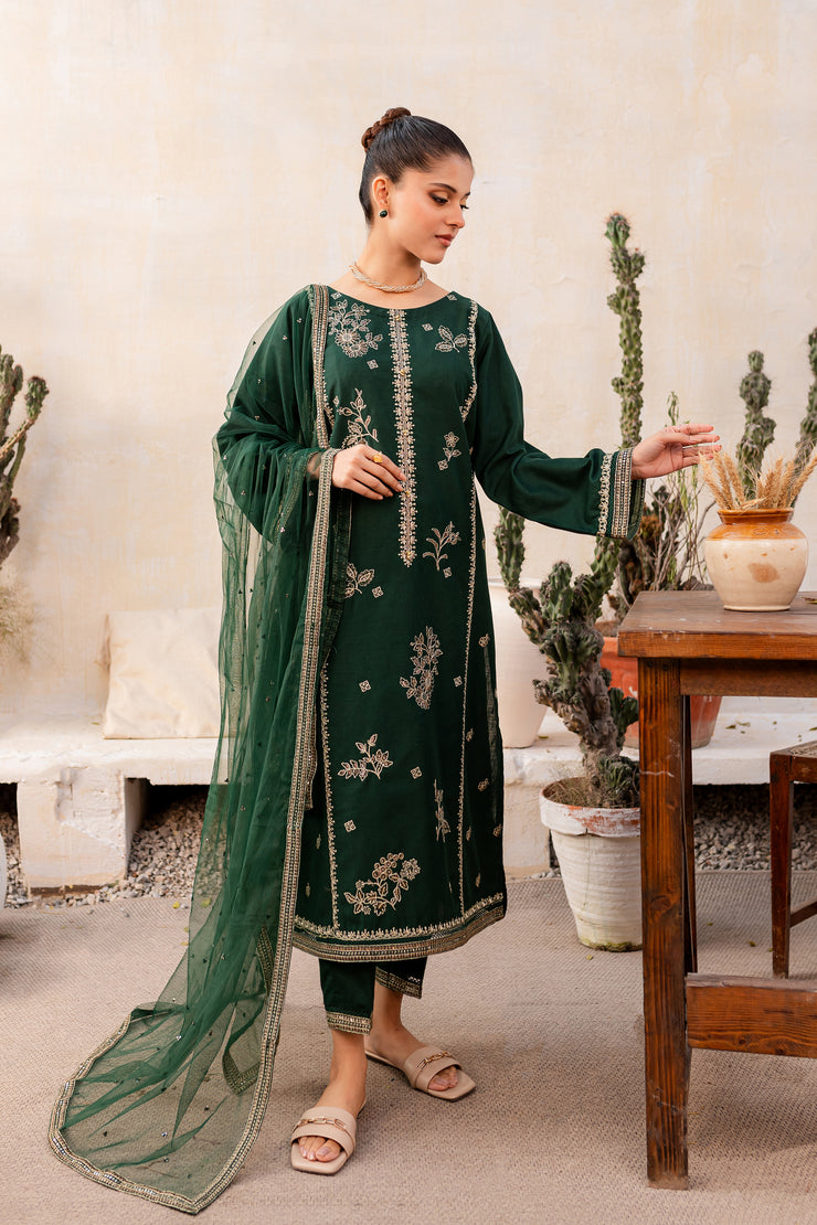 Palm Green 3Pc - Embroidered Karandi Dress - BATIK