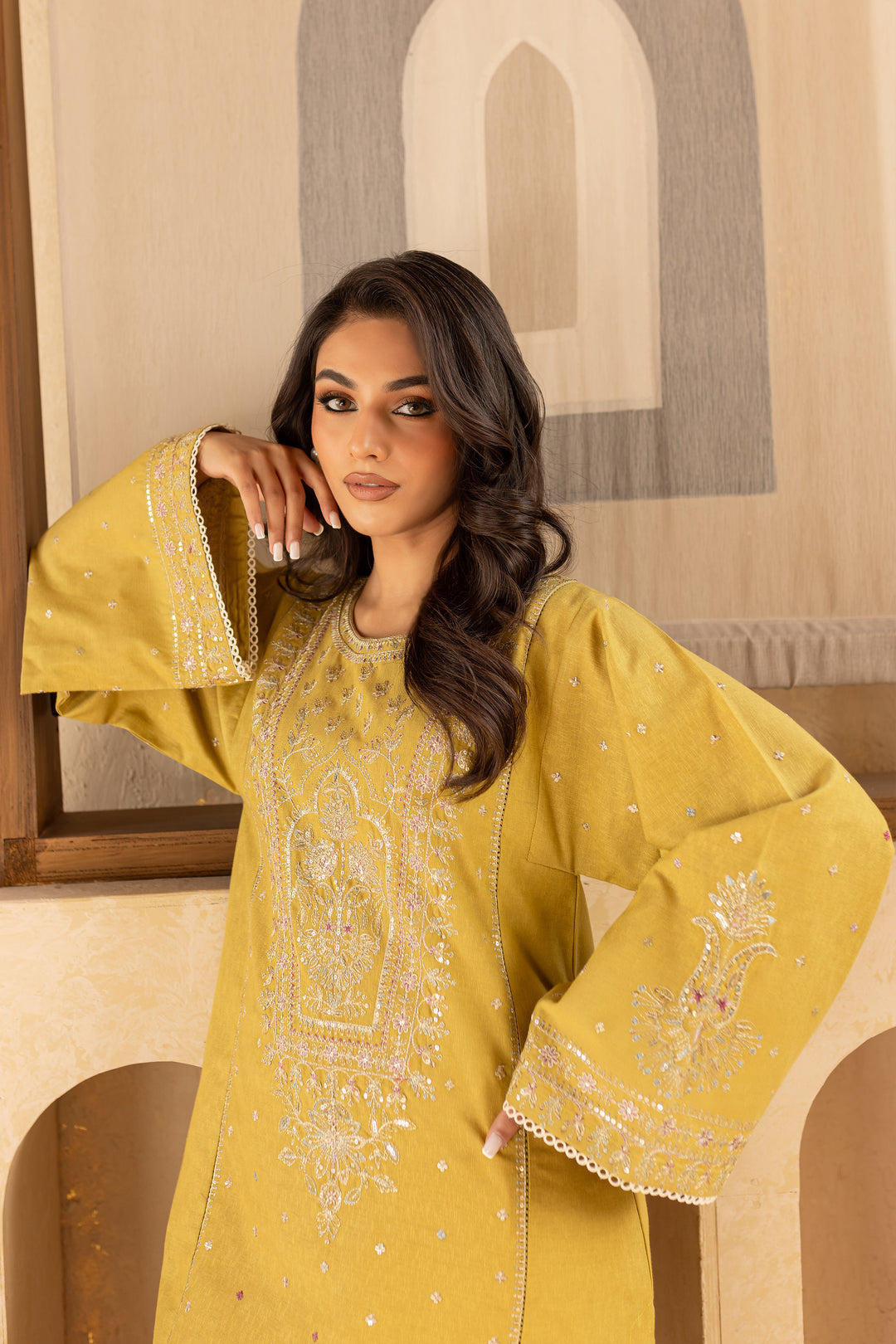 Rhea Lime 2Pc - Embroidered Karandi Dress - BATIK