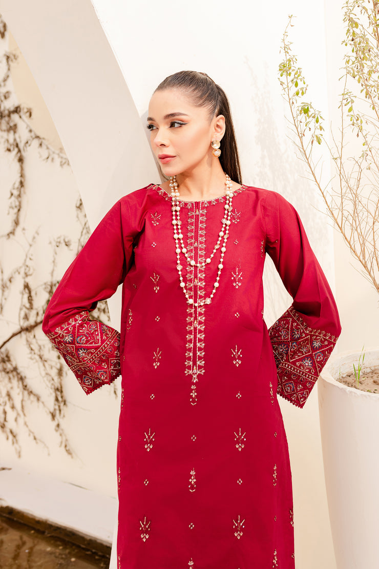 Maroon Frost 2Pc - Embroidered Cambric Dress - BATIK