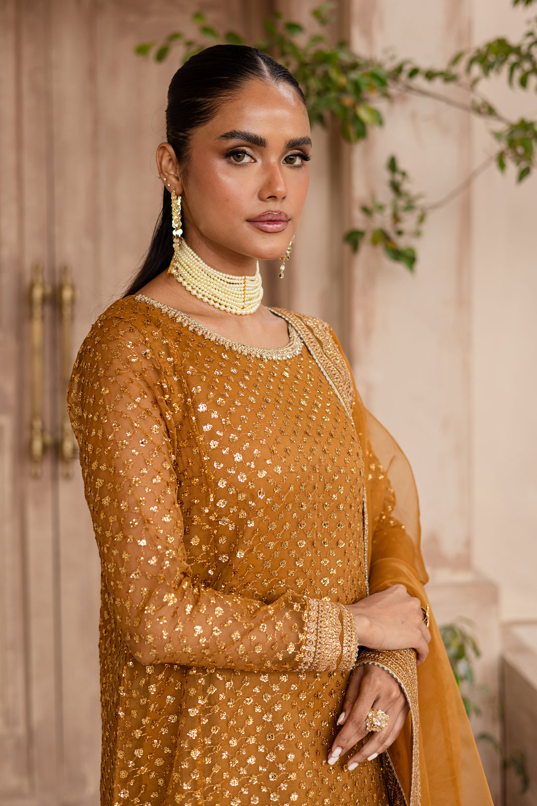 Ezra Mustard 3Pc - Embroidered Luxe Pret