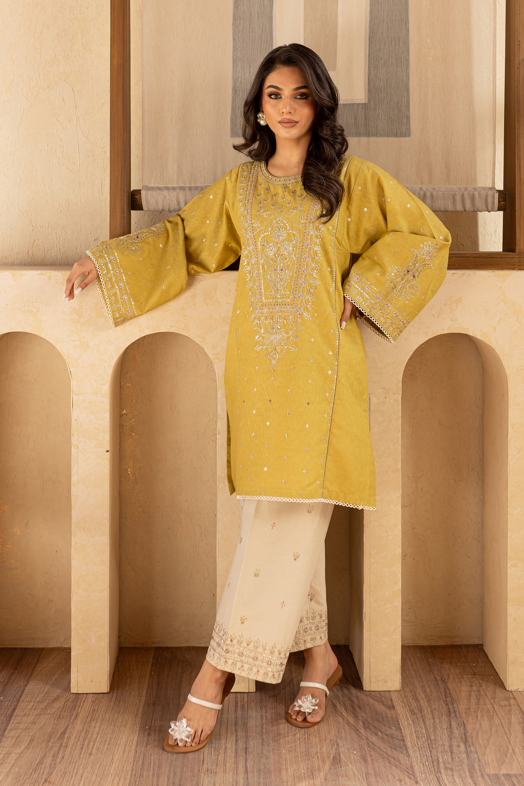 Rhea Lime 2Pc - Embroidered Karandi Dress - BATIK