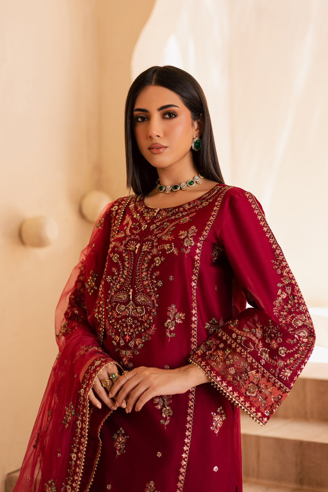 Beet Red 3Pc - Embroidered Solid Dress - BATIK