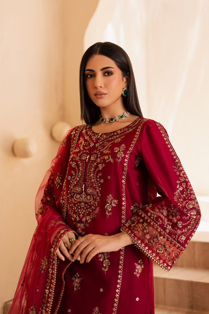 Beet Red 3Pc - Embroidered Solid Dress - BATIK