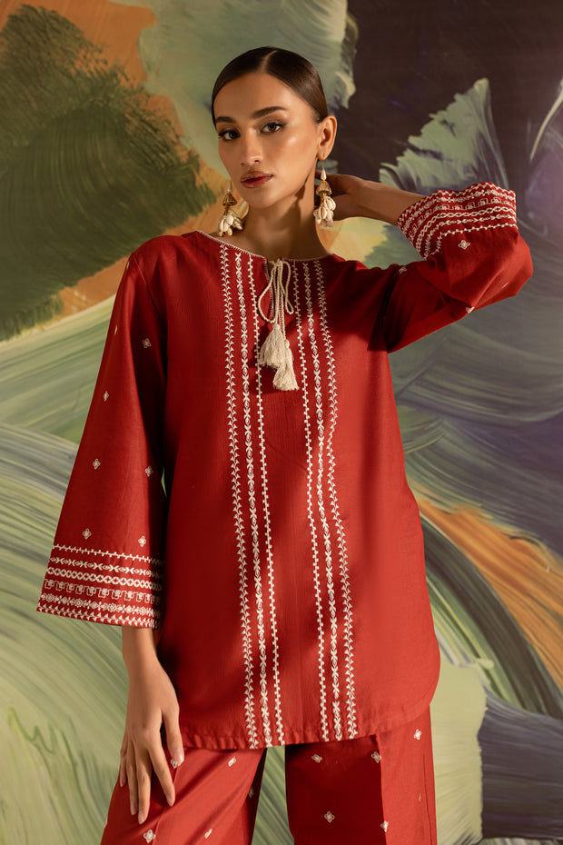 Brick 2Pc - Embroidered Khaddar Dress