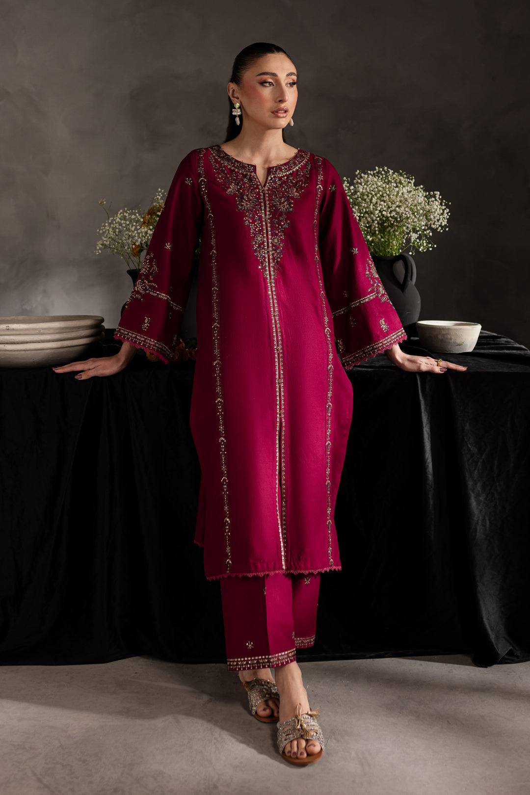 Maroon Rosewood 2Pc - Embroidered Khaddar dress - BATIK