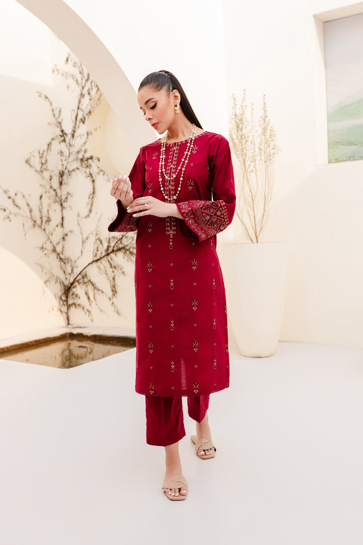 Maroon Frost 2Pc - Embroidered Cambric Dress - BATIK