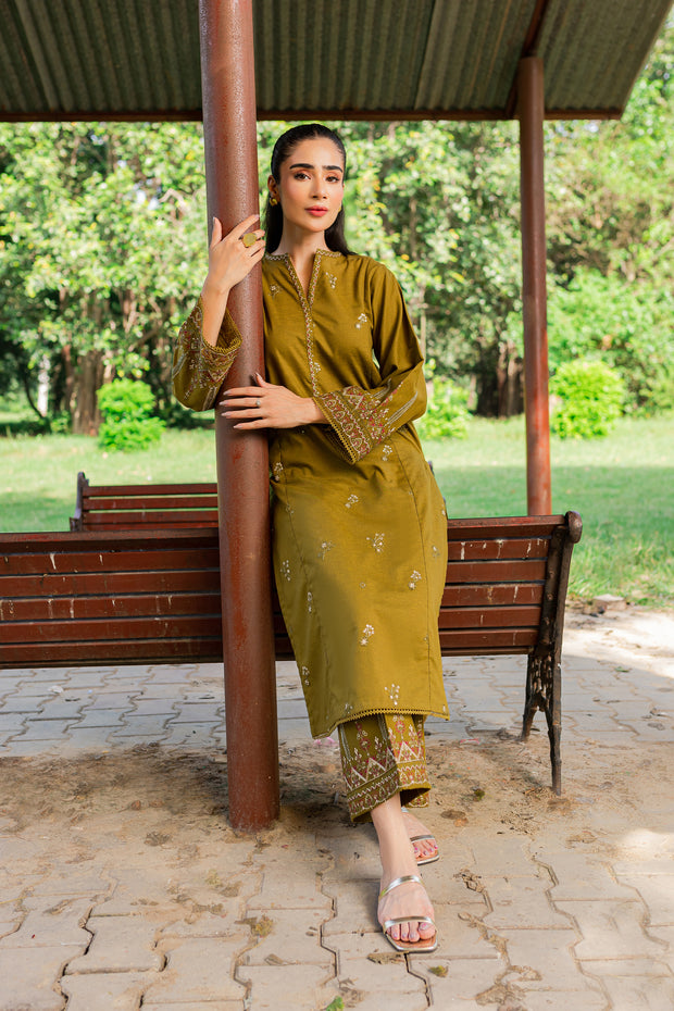 Green Gage 2Pc - Embroidered Karandi Dress - BATIK