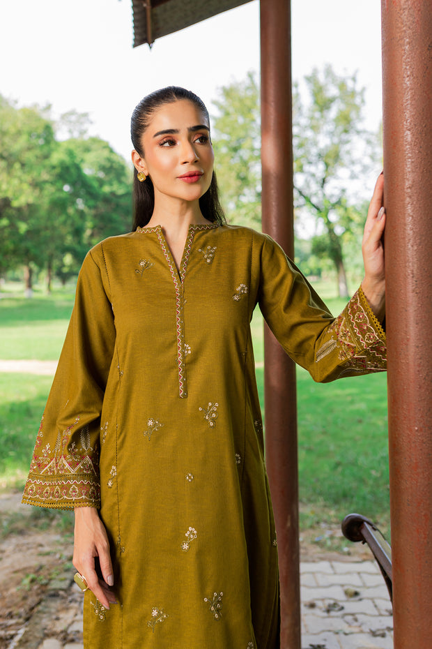 Green Gage 2Pc - Embroidered Karandi Dress - BATIK