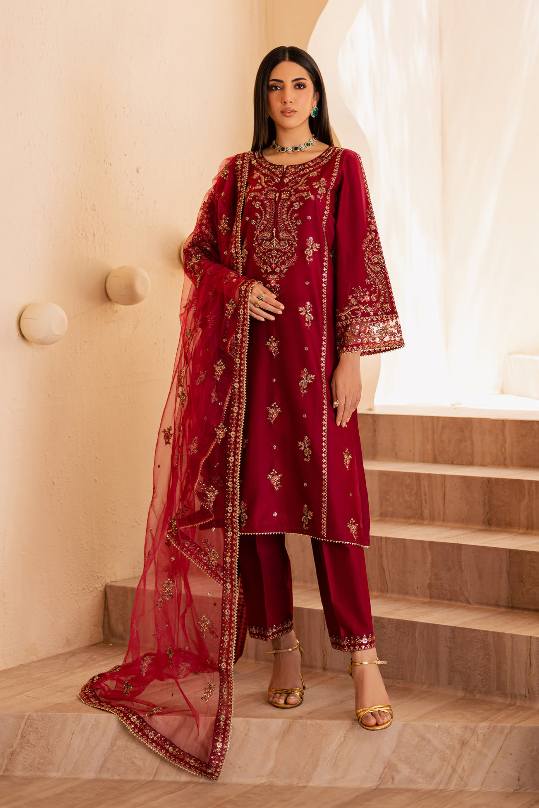 Beet Red 3Pc - Embroidered Solid Dress - BATIK