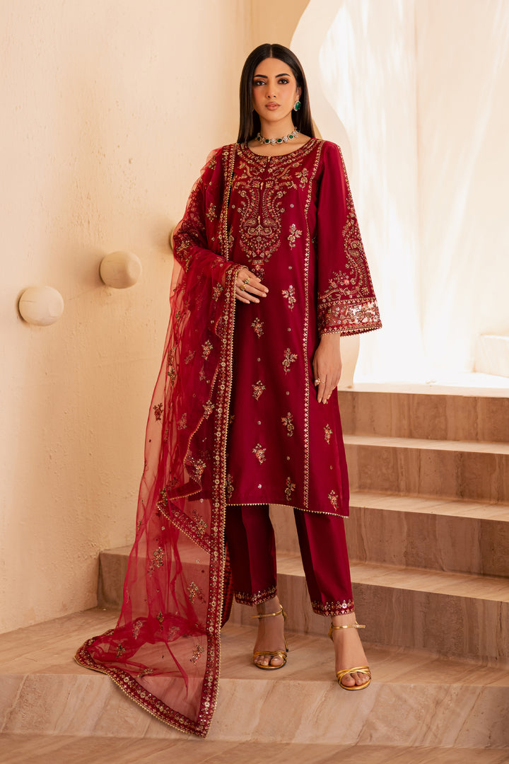 Beet Red 3Pc - Embroidered Solid Dress - BATIK