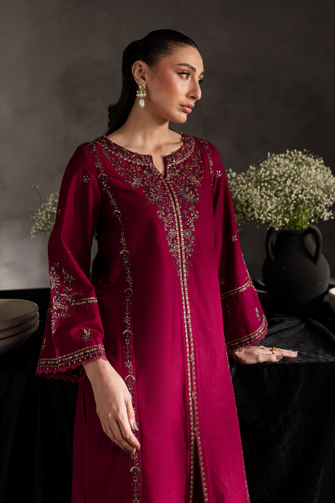 Maroon Rosewood 2Pc - Embroidered Khaddar dress - BATIK