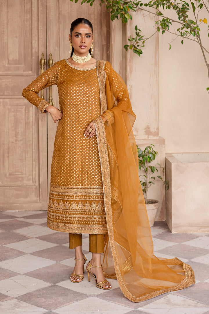 Ezra Mustard 3Pc - Embroidered Luxe Pret