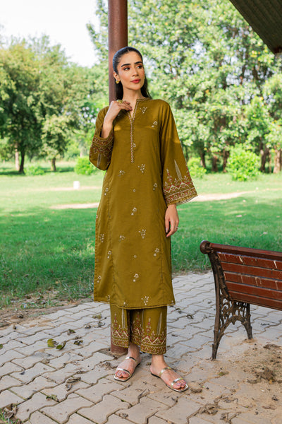 Green Gage 2Pc - Embroidered Karandi Dress - BATIK
